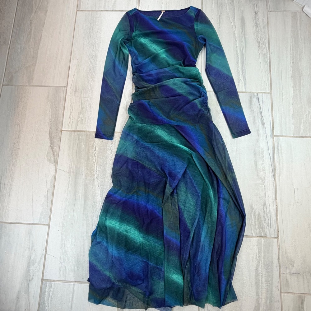 Free People Sunnei Mesh Maxi Dress Deep Ocean Combo Blue Size XS